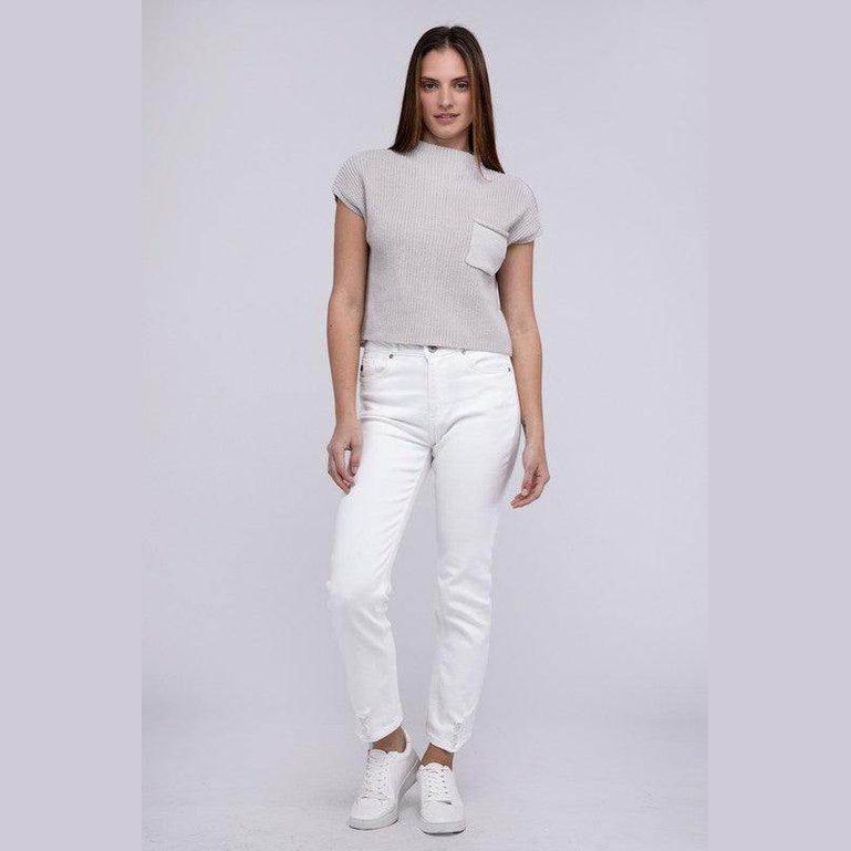 Mock Neck Short Sleeve Cropped Sweater - VacationGrabs