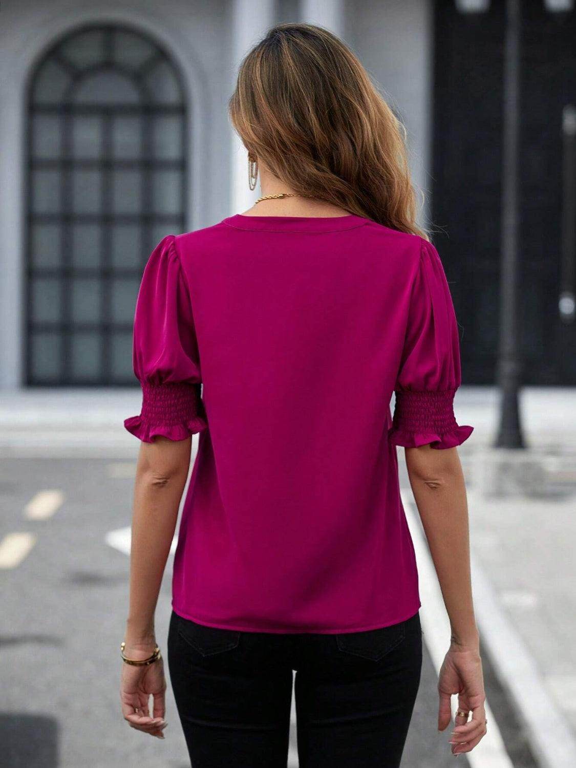 Notched Short Sleeve Blouse - VacationGrabs