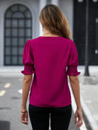 Notched Short Sleeve Blouse - VacationGrabs