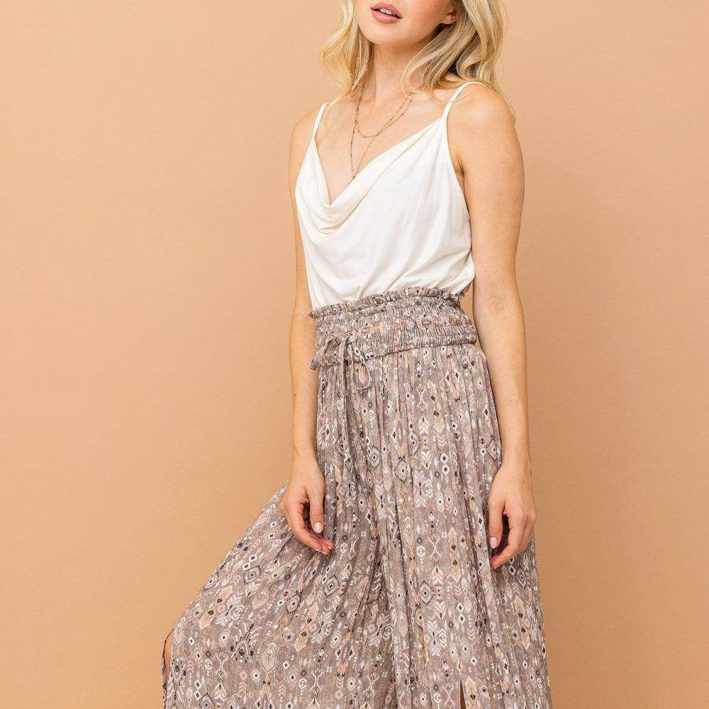 And The Why Printed Smocked Waist Slit Wide Leg Pants - VacationGrabs
