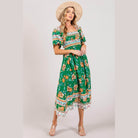 SAGE + FIG Printed Smocked Short Sleeve Midi Dress - VacationGrabs