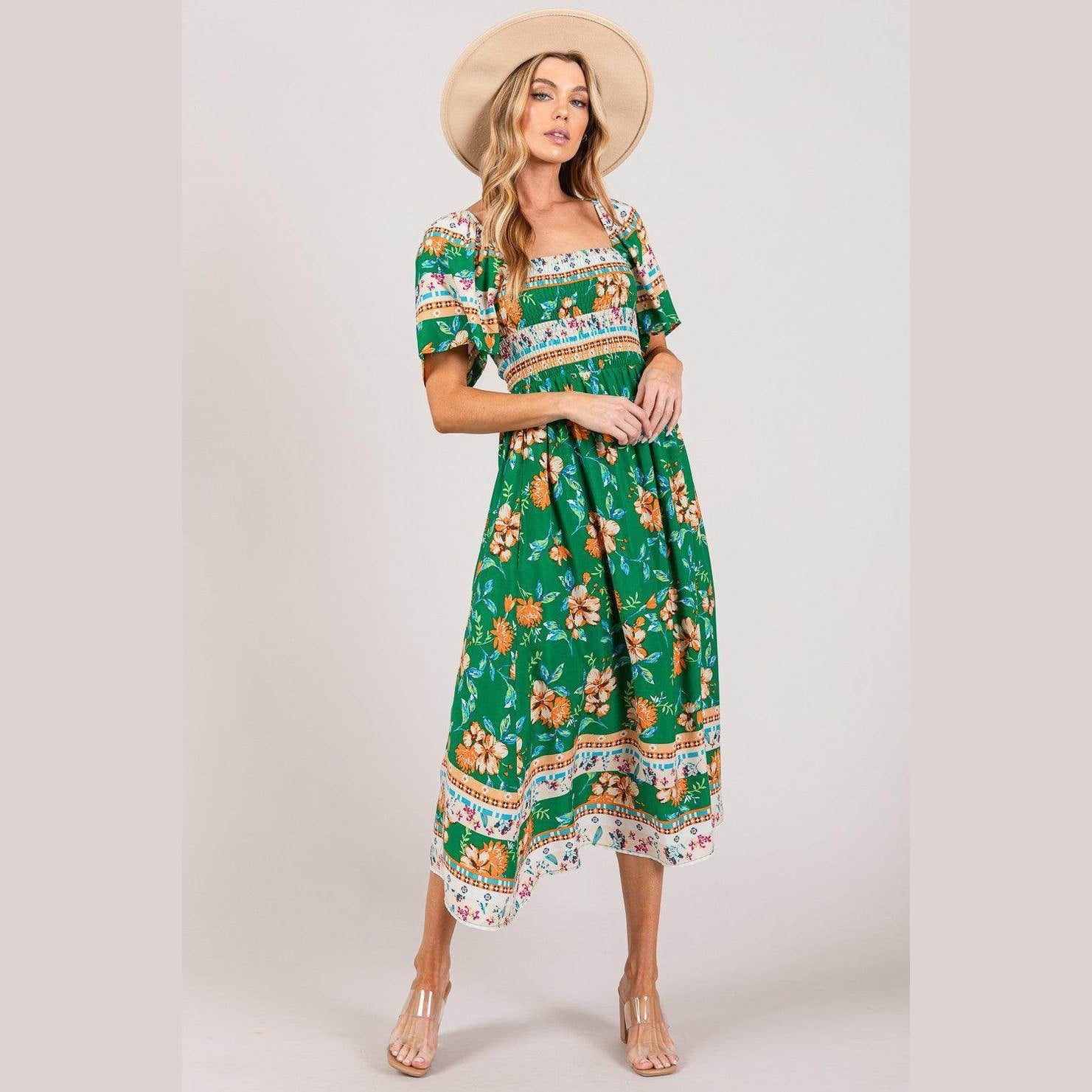 SAGE + FIG Printed Smocked Short Sleeve Midi Dress - VacationGrabs
