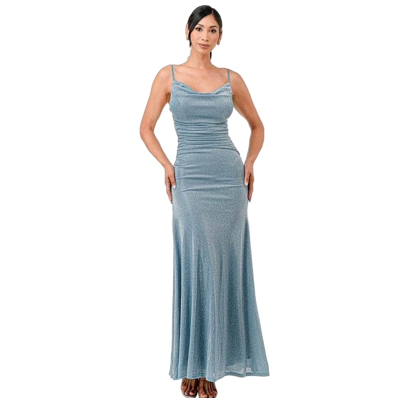 Sparking Jacquard Cowl Neck Long Dress - VacationGrabs