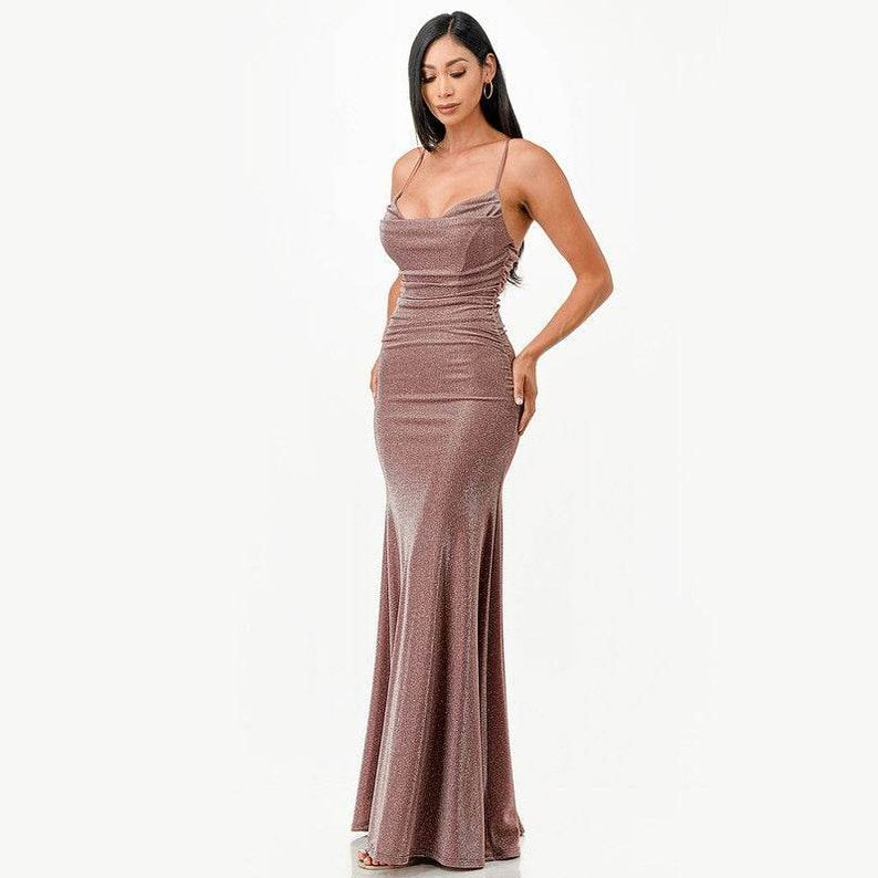 Sparking Jacquard Cowl Neck Long Dress - VacationGrabs