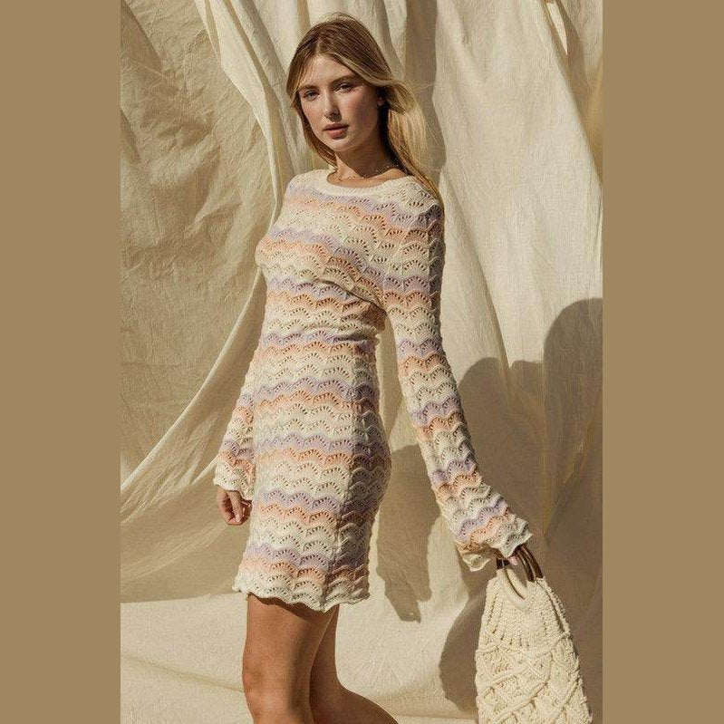 Round Neck Bell Sleeve Sweater Dress - VacationGrabs