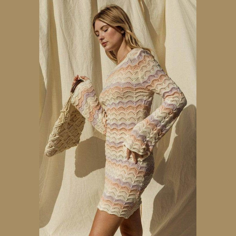 Round Neck Bell Sleeve Sweater Dress - VacationGrabs