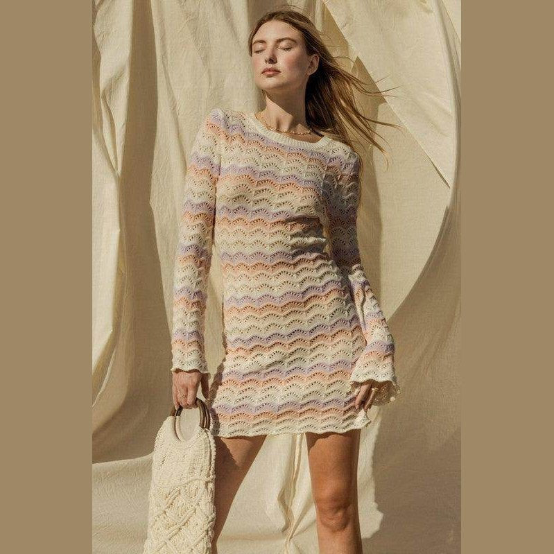 Round Neck Bell Sleeve Sweater Dress - VacationGrabs