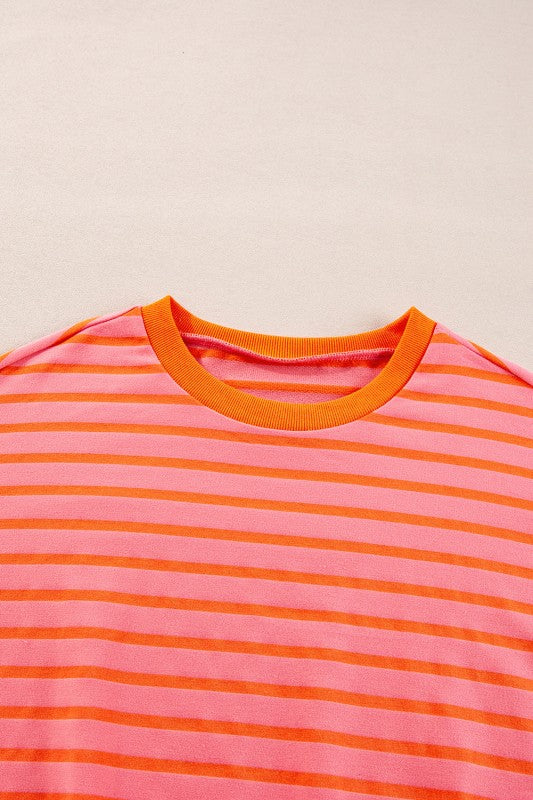 JUNIPER BLVD striped drop shoulder sweatshirt in vibrant pink and orange colors with a comfortable fit