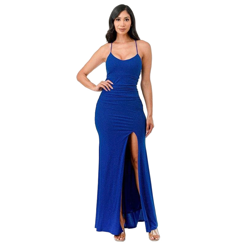 Glittered Front Slit Long Dress - VacationGrabs