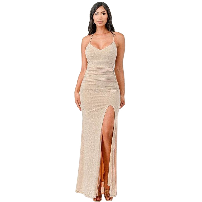 Glittered Front Slit Long Dress - VacationGrabs