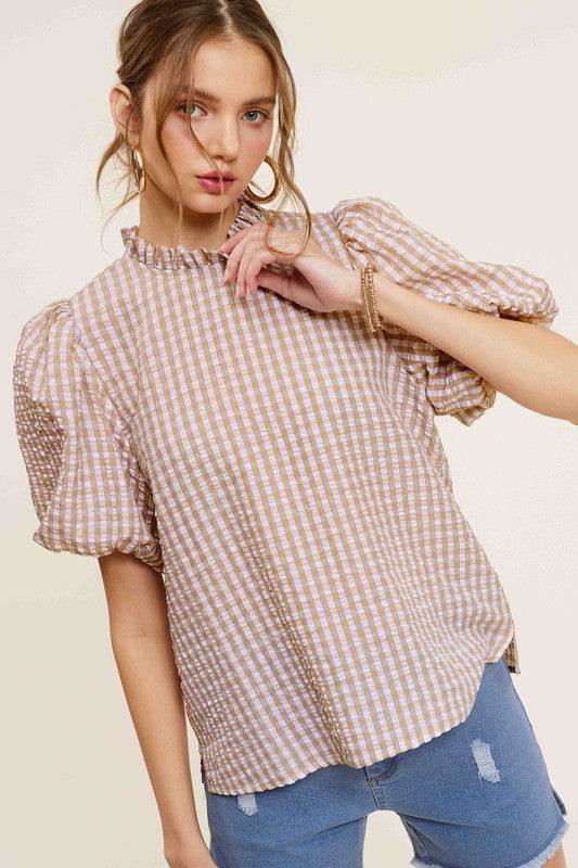 Gingham Check Print Puff Sleeve Top - VacationGrabs