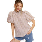 Gingham Check Print Puff Sleeve Top - VacationGrabs