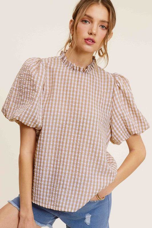 Gingham Check Print Puff Sleeve Top - VacationGrabs