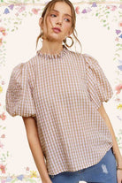 Gingham Check Print Puff Sleeve Top - VacationGrabs