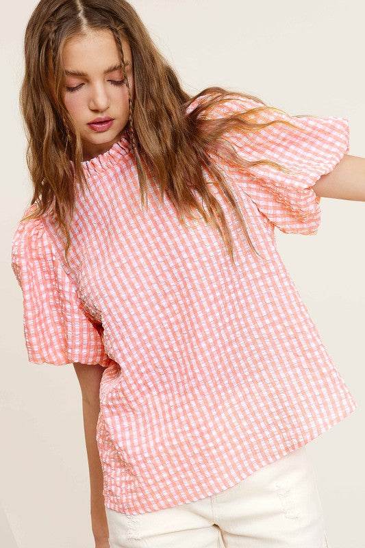 Gingham Check Print Puff Sleeve Top - VacationGrabs