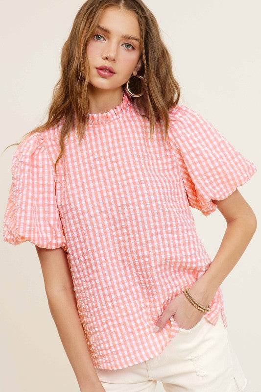 Gingham Check Print Puff Sleeve Top - VacationGrabs