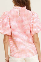 Gingham Check Print Puff Sleeve Top - VacationGrabs