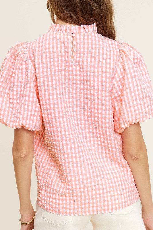 Gingham Check Print Puff Sleeve Top - VacationGrabs