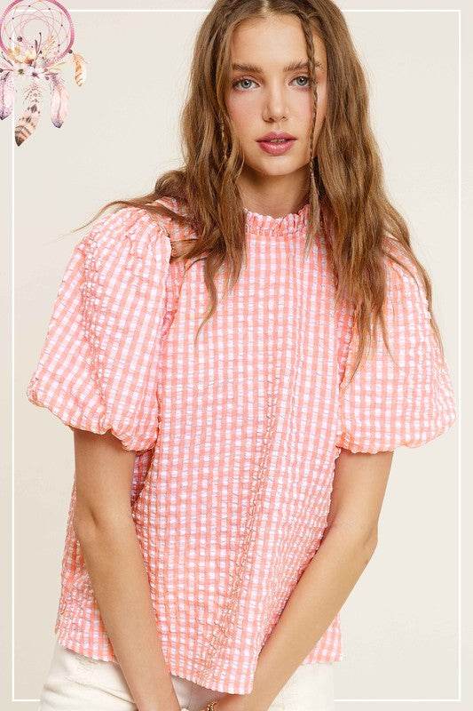 Gingham Check Print Puff Sleeve Top - VacationGrabs