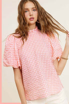 Gingham Check Print Puff Sleeve Top - VacationGrabs