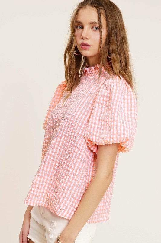 Gingham Check Print Puff Sleeve Top - VacationGrabs