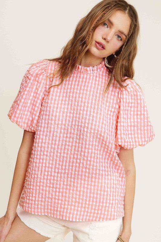 Gingham Check Print Puff Sleeve Top - VacationGrabs
