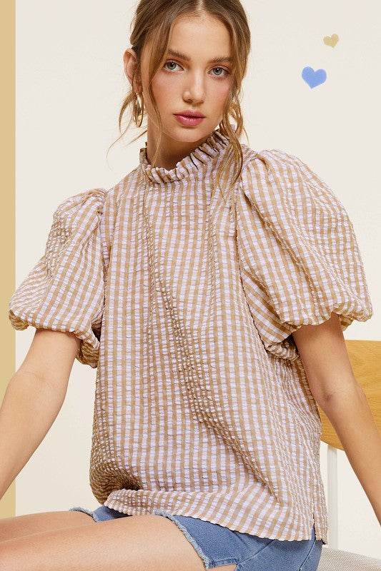 Gingham Check Print Puff Sleeve Top - VacationGrabs