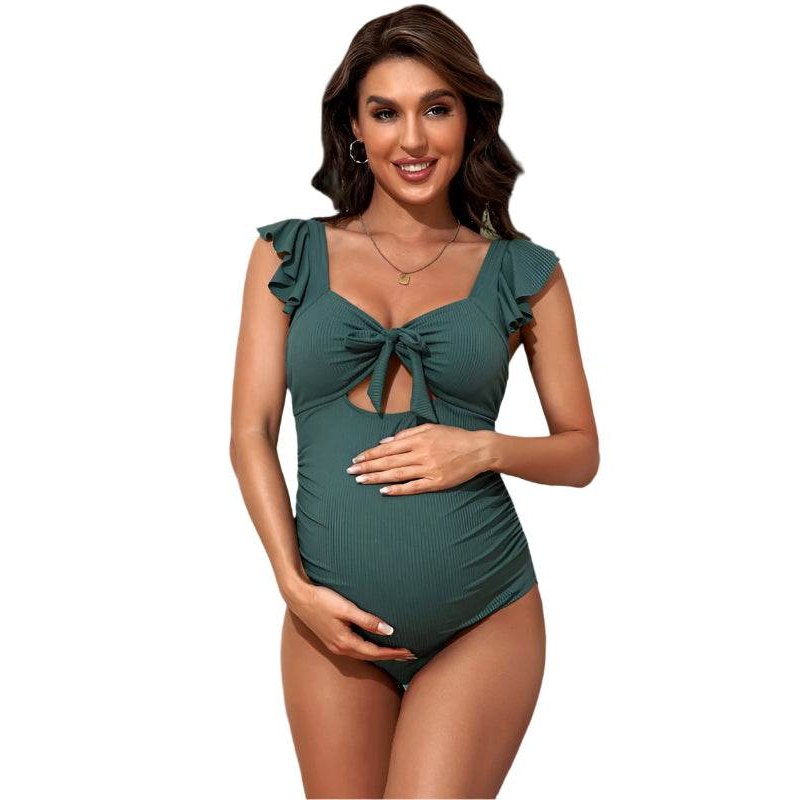 Ribbed Tie Knot Cutout Ruched Maternity Swimsuit - VacationGrabs