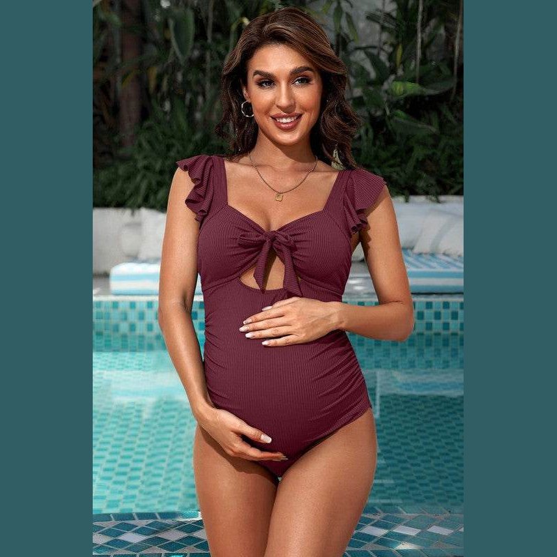 Ribbed Tie Knot Cutout Ruched Maternity Swimsuit - VacationGrabs