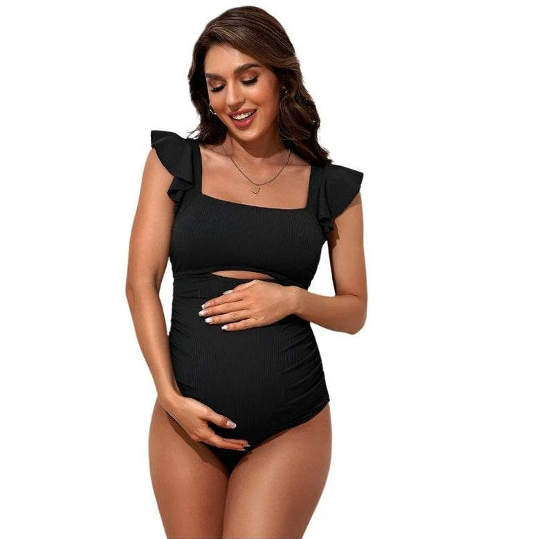 Ribbed Tie Knot Cutout Ruched Maternity Swimsuit - VacationGrabs