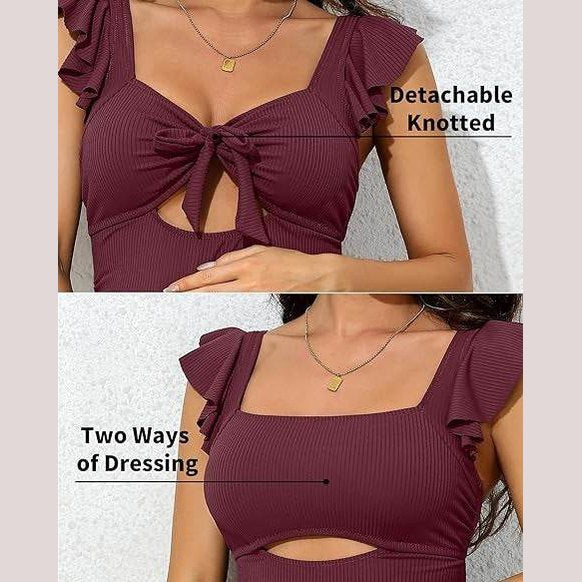 Ribbed Tie Knot Cutout Ruched Maternity Swimsuit - VacationGrabs