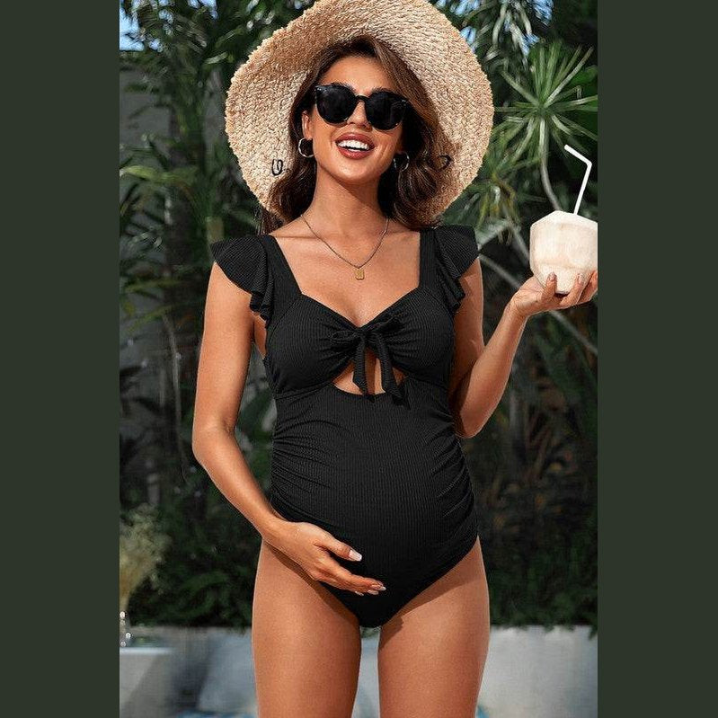 Ribbed Tie Knot Cutout Ruched Maternity Swimsuit - VacationGrabs