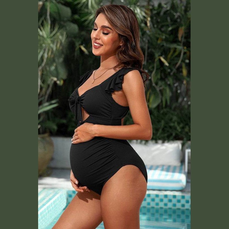 Ribbed Tie Knot Cutout Ruched Maternity Swimsuit - VacationGrabs