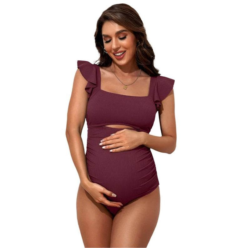 Ribbed Tie Knot Cutout Ruched Maternity Swimsuit - VacationGrabs