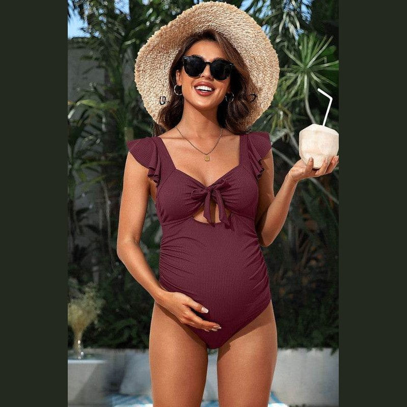 Ribbed Tie Knot Cutout Ruched Maternity Swimsuit - VacationGrabs
