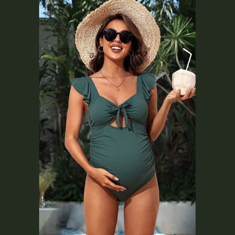 Ribbed Tie Knot Cutout Ruched Maternity Swimsuit - VacationGrabs