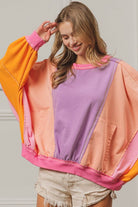 BiBi Color Block Exposed Seam Sweatshirt with Pockets - VacationGrabs