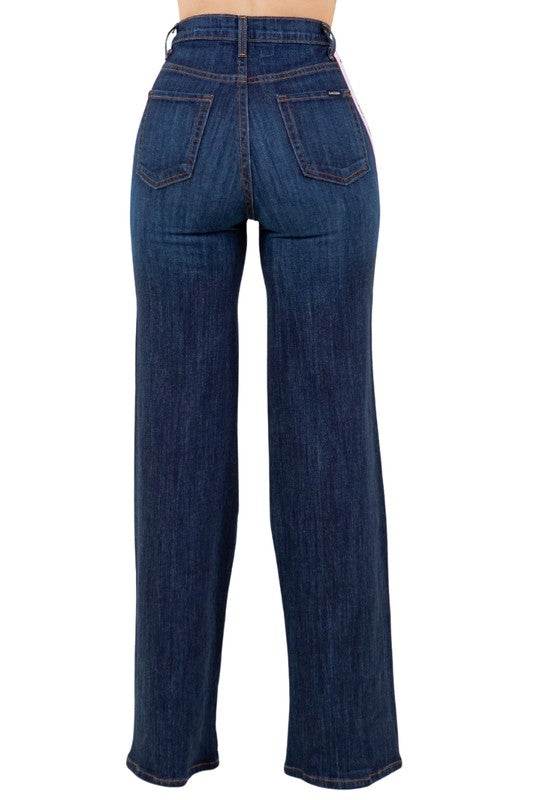 Striped Wide Leg Pant in Dark Denim - VacationGrabs