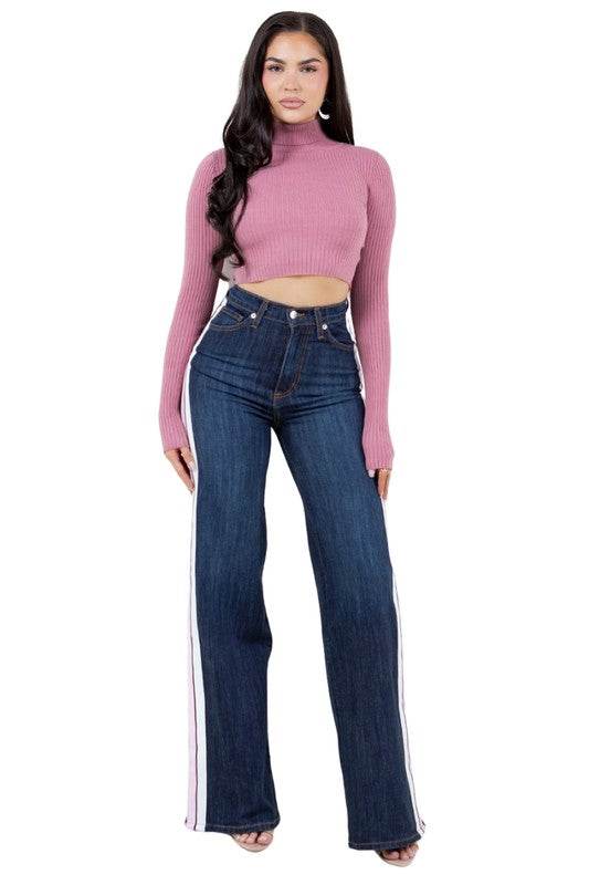Striped Wide Leg Pant in Dark Denim - VacationGrabs
