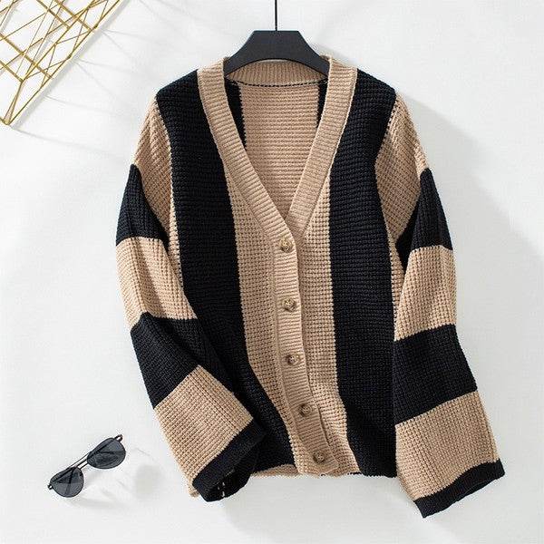 Color Block Striped Knit Cardigan - VacationGrabs