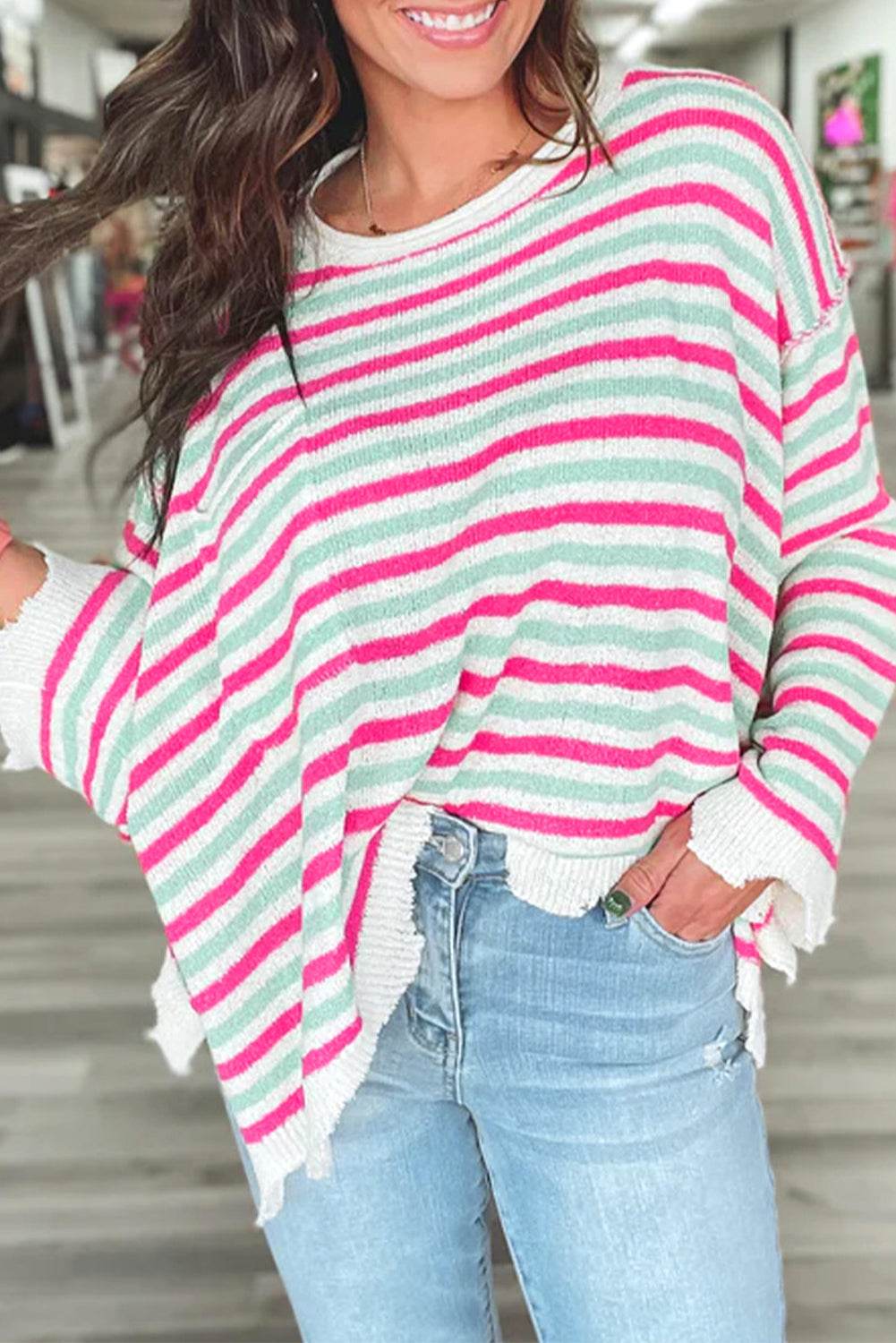 Rose Stripe Oversized Drop Shoulder Sweater with Pocket - VacationGrabs