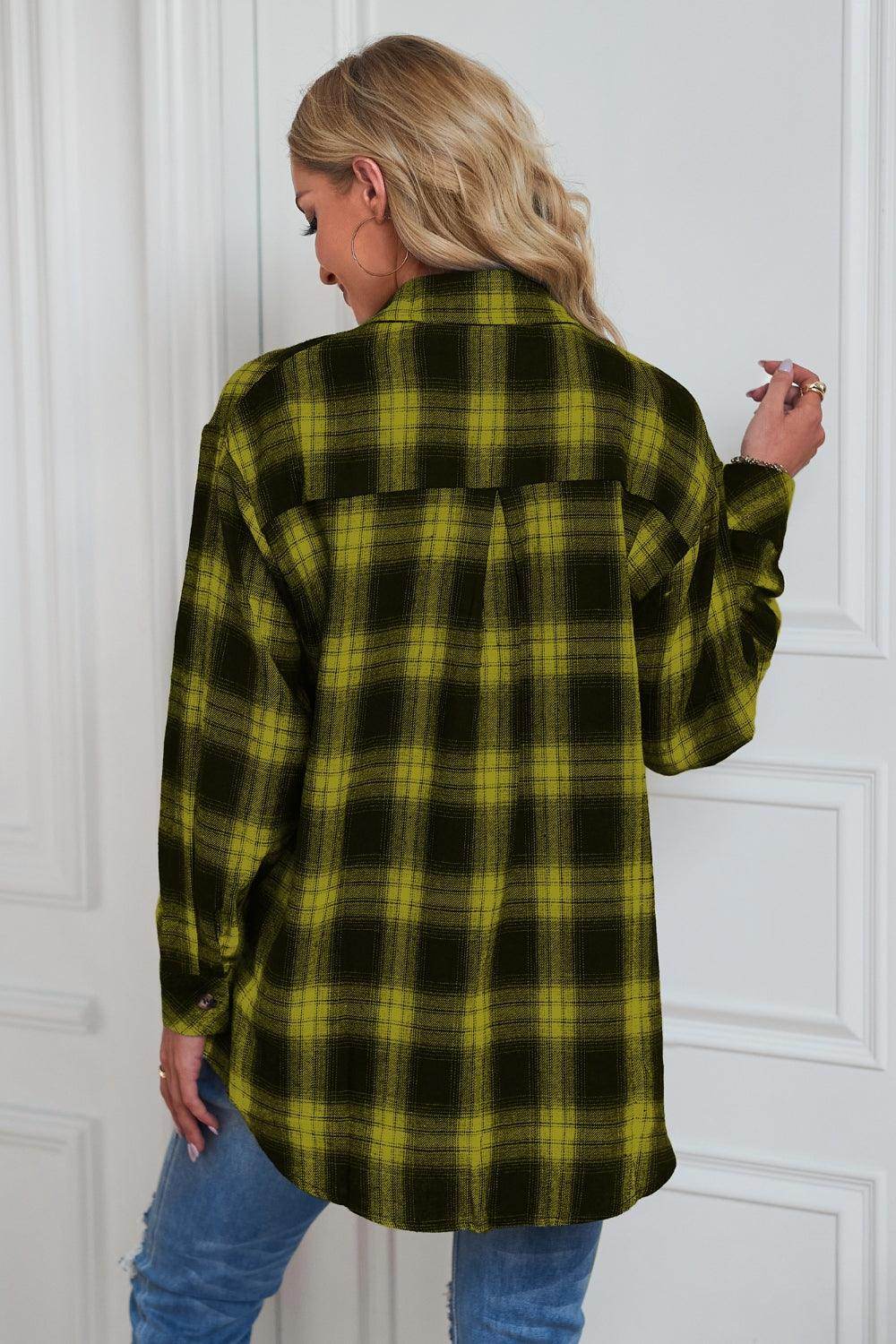 Plaid Button Up Dropped Shoulder Outerwear - VacationGrabs