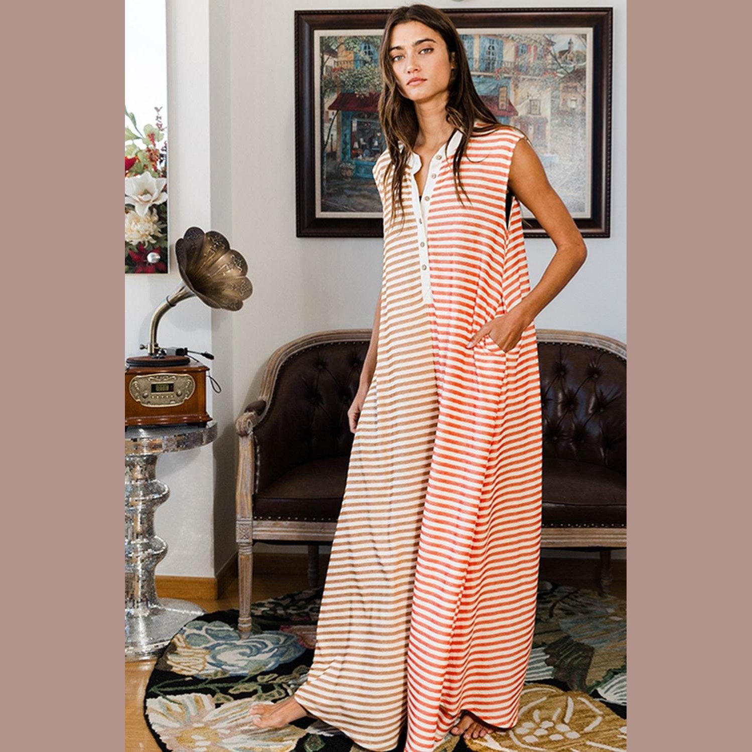 Orange Stripe Oversized Buttoned Front Sleeveless Wide Leg Jumpsuit - VacationGrabs