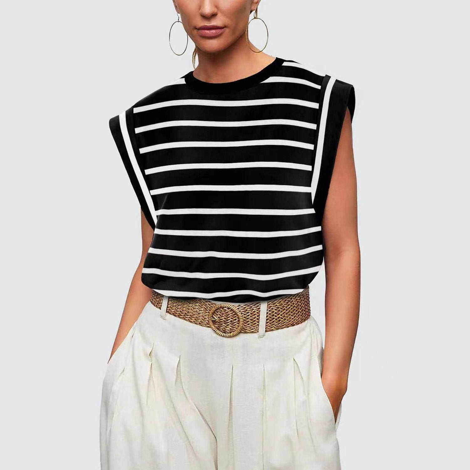 Striped Round Neck Cap Sleeve T-Shirt - VacationGrabs