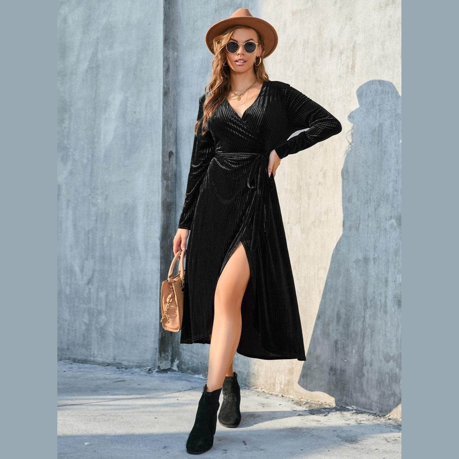 Tie Front Long Sleeve Slit Dress - VacationGrabs