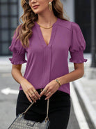 Notched Short Sleeve Blouse - VacationGrabs