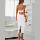 Rhinestone Halter Neck Cutout Slit Midi Dress - VacationGrabs