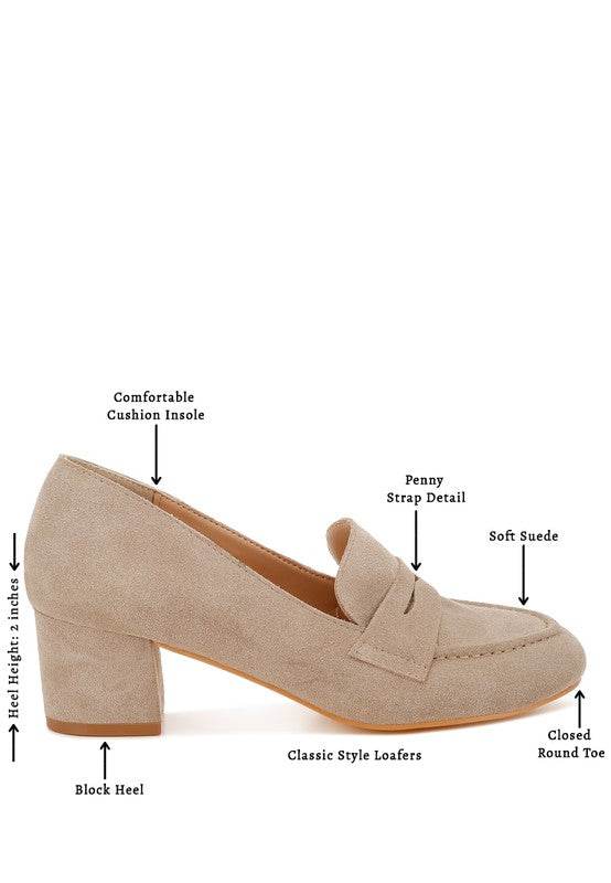 Astra Block Heel Genuine Suede Loafers - VacationGrabs