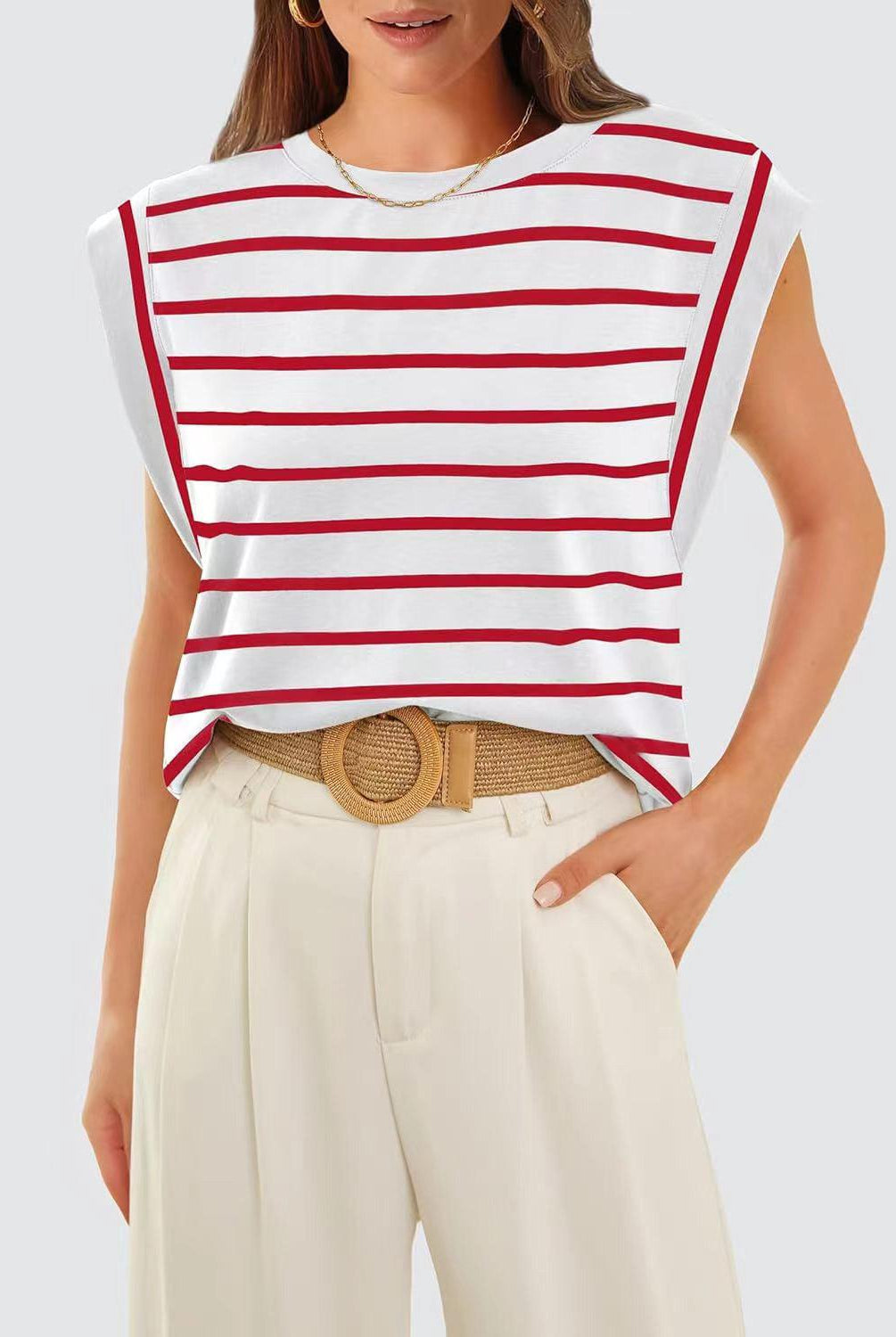 Women's Shirts Striped Round Neck Cap Sleeve T-Shirt