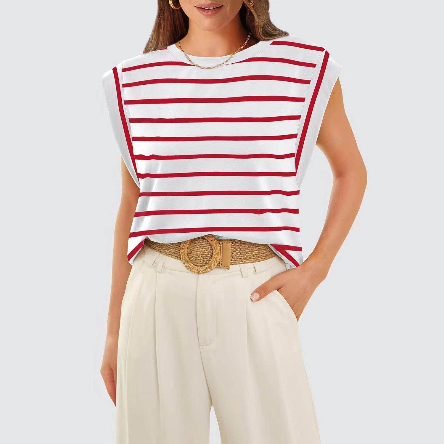 Striped Round Neck Cap Sleeve T-Shirt - VacationGrabs